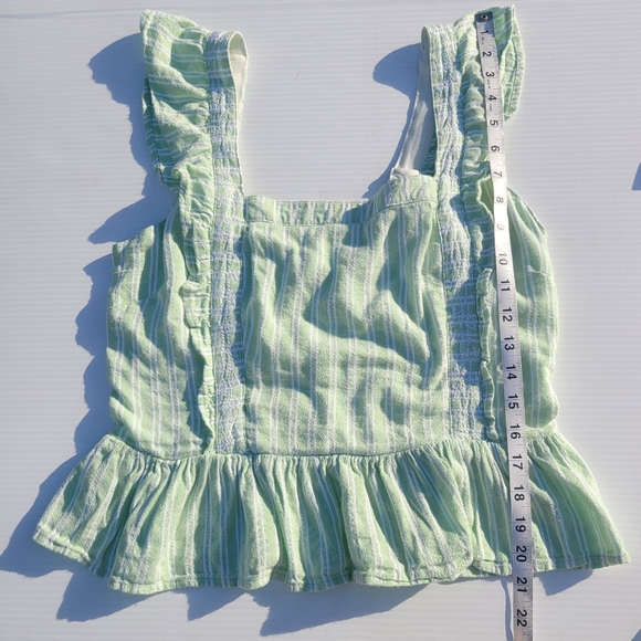 Japna Smocked Crop Top Ruffled Sleeves Mint Green And White Stripes, Sz. LG - Picture 5 of 6